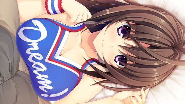 Anime picture 1280x720 with pretty x cation 2 hibiki works ashiya suzuka long hair looking at viewer breasts light erotic smile brown hair wide image purple eyes game cg girl