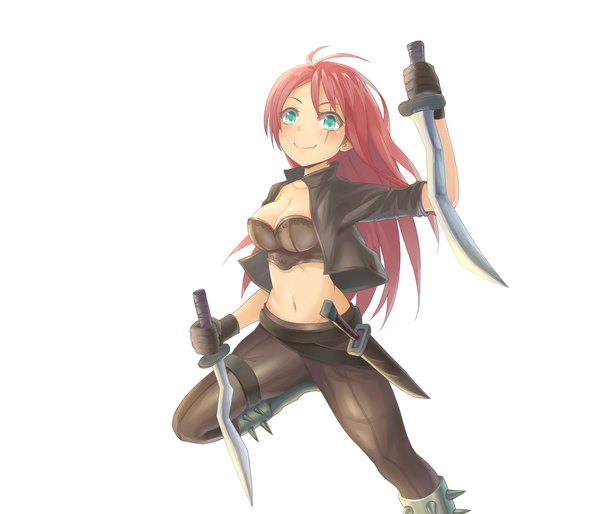 Anime picture 2100x1800 with league of legends katarina (league of legends) eena (pixiv id3052110) single long hair blush highres light erotic simple background smile white background red hair aqua eyes midriff scar girl navel weapon jacket dagger