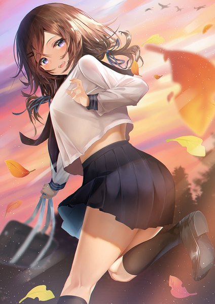 Anime picture 884x1250 with original yk (pixiv43531291) single long hair tall image looking at viewer blush fringe breasts open mouth smile hair between eyes brown hair standing purple eyes twintails holding payot sky cloud (clouds)
