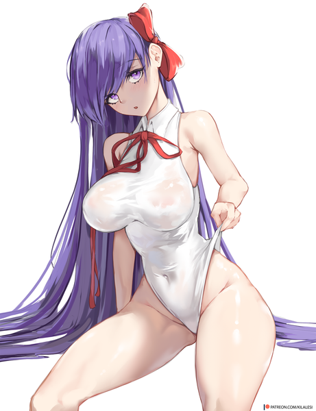 Anime picture 1500x1952 with fate (series) fate/grand order bb (fate) (all) bb (swimsuit mooncancer) (fate) kilalesi single tall image looking at viewer blush fringe breasts open mouth light erotic simple background hair between eyes large breasts white background sitting purple eyes purple hair