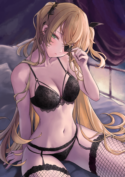 Anime picture 2894x4093 with genshin impact fischl (genshin impact) huziko32 single long hair tall image looking at viewer blush fringe highres light erotic blonde hair hair between eyes sitting green eyes indoors nail polish head tilt arm support two side up
