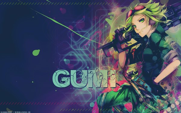 Anime picture 1280x800 with vocaloid gumi matsunaka hiro single looking at viewer short hair open mouth wide image green eyes green hair wind alternate costume girl gloves glasses gun