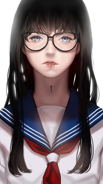 Anime picture 449x800 with original days (artist) single long hair tall image looking at viewer fringe blue eyes black hair simple background white background lips close-up girl uniform glasses serafuku