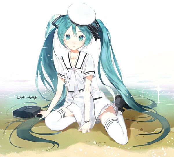 Anime picture 800x722 with project diva f 2nd vocaloid hatsune miku macciatto (aciel02) single looking at viewer blush sitting twintails signed bent knee (knees) very long hair aqua eyes aqua hair :o sand girl thighhighs uniform school uniform