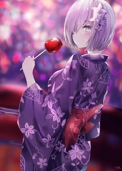 Anime-Bild 786x1100 mit fate (series) fate/grand order mash kyrielight tr (hareru) single tall image looking at viewer blush fringe short hair hair between eyes purple eyes holding purple hair long sleeves traditional clothes japanese clothes looking back hair flower blurry