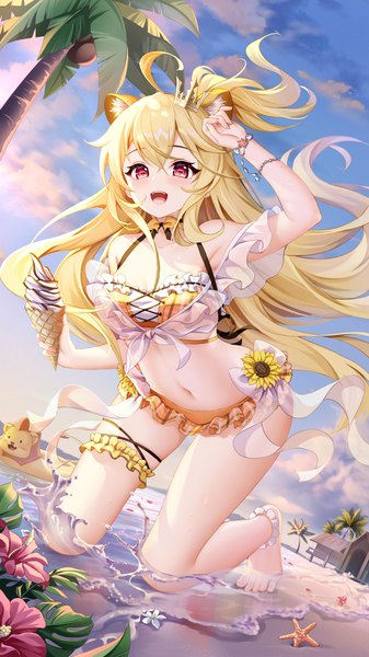 Anime picture 1242x2208 with original yue xiao e single long hair tall image looking at viewer blush fringe breasts open mouth light erotic blonde hair smile hair between eyes red eyes holding animal ears sky cloud (clouds) ahoge