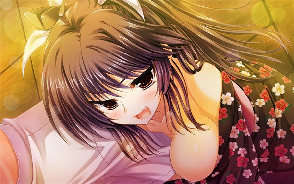 Anime picture 1024x640 with ore no kanojo no uraomote uesugi akeno long hair blush breasts open mouth light erotic black hair red eyes wide image game cg japanese clothes teeth fang (fangs) girl kimono