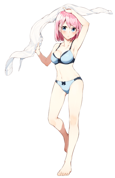 Anime picture 1058x1637 with original sakuragi ren single tall image looking at viewer blush fringe short hair breasts blue eyes light erotic simple background hair between eyes standing white background holding pink hair cleavage full body barefoot