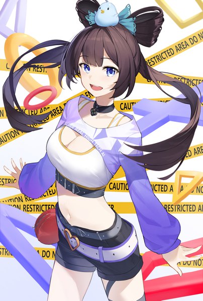 Anime picture 2204x3273 with original star741 single long hair tall image blush fringe highres breasts open mouth blue eyes light erotic smile brown hair large breasts standing payot cleavage long sleeves :d