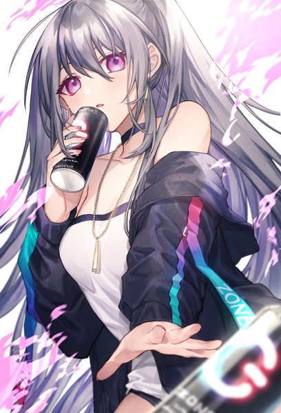 Anime picture 817x1200 with original dive to zone coyucom single long hair tall image looking at viewer blush fringe open mouth hair between eyes holding payot upper body ponytail pink eyes grey hair off shoulder open jacket from below
