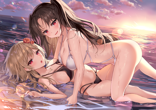 Anime picture 2700x1898 with original mayo (miyusa) long hair looking at viewer blush fringe highres breasts open mouth light erotic blonde hair smile hair between eyes red eyes brown hair large breasts multiple girls sky cloud (clouds) outdoors