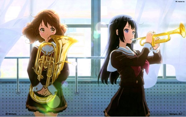 Anime picture 2560x1621 with hibike! euphonium kyoto animation kousaka reina oumae kumiko long hair blush highres short hair open mouth blue eyes black hair brown hair purple eyes multiple girls brown eyes looking away wind official art music girl