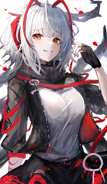 Anime picture 1875x3220 with arknights w (arknights) sikinose val single tall image looking at viewer blush fringe highres short hair breasts simple background smile white background yellow eyes ahoge white hair blunt bangs nail polish multicolored hair
