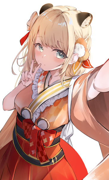 Anime picture 1100x1807 with virtual youtuber hololive kazama iroha kazama iroha (new year) runep single tall image looking at viewer blush fringe short hair blue eyes simple background blonde hair white background animal ears traditional clothes japanese clothes arm up from above