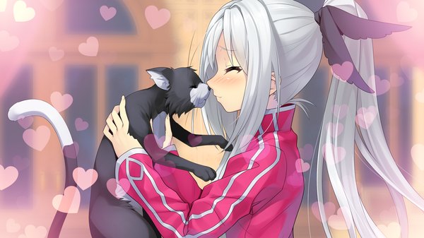 Anime picture 1280x720 with tokeijikake no ley line mibu tsubaki urabi (tomatohouse) long hair blush wide image game cg white hair ponytail eyes closed girl cat