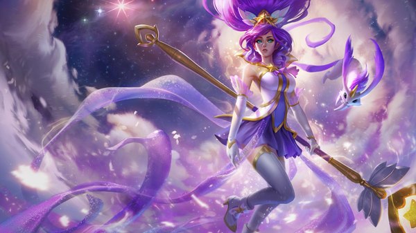 Anime picture 1920x1080 with league of legends janna windforce single long hair highres blue eyes wide image bare shoulders holding looking away sky purple hair cloud (clouds) bent knee (knees) ponytail lips pointy ears night official art alternate costume