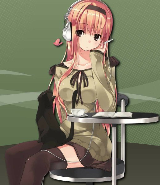 Anime picture 1037x1200 with original tagme (artist) single long hair tall image sitting brown eyes pink hair girl thighhighs black thighhighs headphones insect butterfly headband cat chair table tea