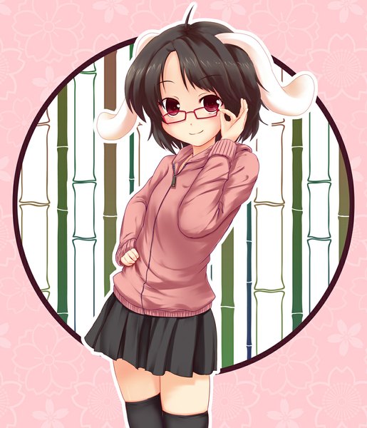 Anime picture 1000x1165 with touhou inaba tewi hiiragi mitsuna single tall image looking at viewer short hair black hair red eyes standing animal ears ahoge zettai ryouiki hand on hip adjusting glasses bespectacled girl thighhighs skirt black thighhighs