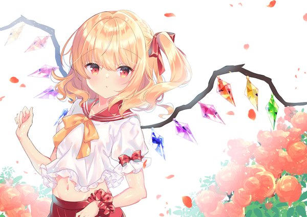 Anime picture 1280x905 with touhou flandre scarlet miyakoto single looking at viewer blush fringe short hair blonde hair red eyes upper body midriff alternate costume puffy sleeves one side up groin girl navel uniform wings