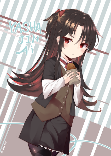 Anime-Bild 1254x1771 mit ryuuou no oshigoto! yashajin ai odeclea single long hair tall image looking at viewer blush black hair red eyes signed character names twitter username one side up rhombus striped background :< girl pantyhose food