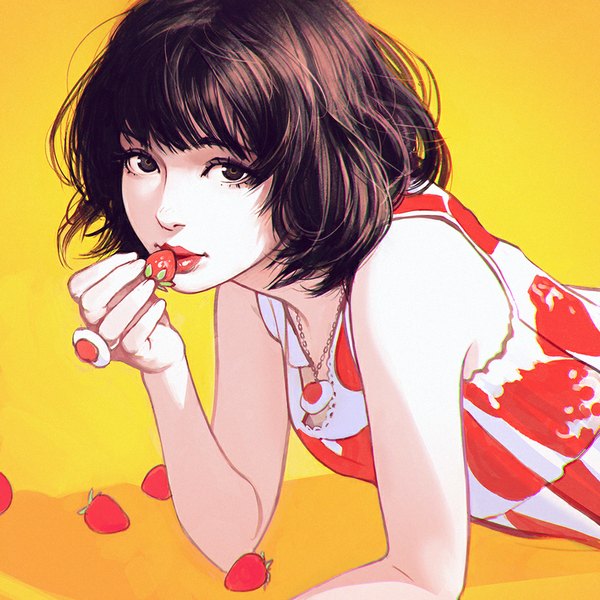Anime picture 900x900 with original ilya kuvshinov single looking at viewer fringe short hair simple background brown hair brown eyes lying lips realistic shadow lipstick on stomach pale skin red lipstick yellow background makeup girl
