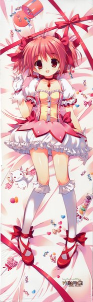 Anime picture 2235x7200 with mahou shoujo madoka magica shaft (studio) kaname madoka kyuubee santa matsuri single tall image looking at viewer highres short hair open mouth twintails pink hair full body lying pink eyes scan short twintails dakimakura (medium) girl