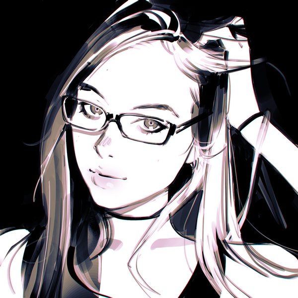 Anime picture 1080x1080 with original ilya kuvshinov single long hair looking at viewer simple background realistic adjusting hair black background monochrome face girl choker glasses bracelet