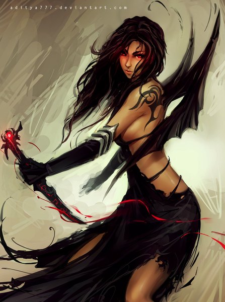 Anime picture 800x1072 with original aditya777 (artist) single long hair tall image looking at viewer black hair simple background red eyes bare shoulders inscription tattoo sideboob torn clothes demon girl black wings fighting stance demon wings girl dress