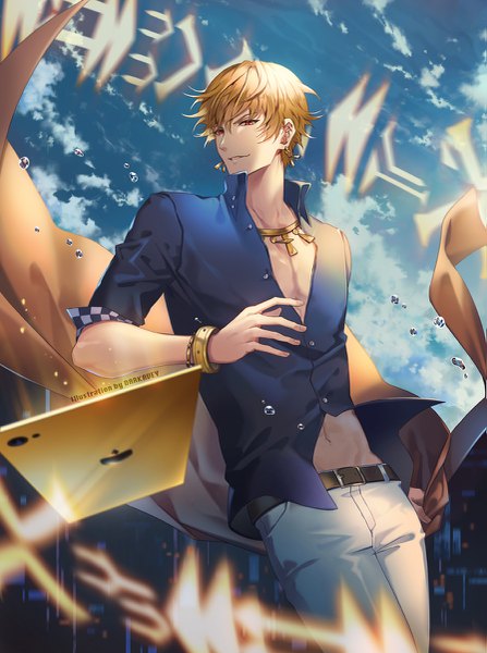 Anime picture 895x1200 with fate (series) fate/grand order gilgamesh (fate) gilgamesh (caster) (fate) darkavey single tall image looking at viewer short hair blonde hair red eyes sky cloud (clouds) partially open clothes establishment (fate/grand order) boy earrings shirt belt blue shirt