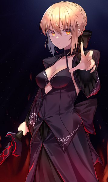 Anime picture 2200x3700 with fate (series) fate/grand order fate/stay night artoria pendragon (all) saber alter jun (aousa0328) single tall image looking at viewer fringe highres short hair breasts simple background blonde hair hair between eyes standing cleavage braid (braids) orange eyes