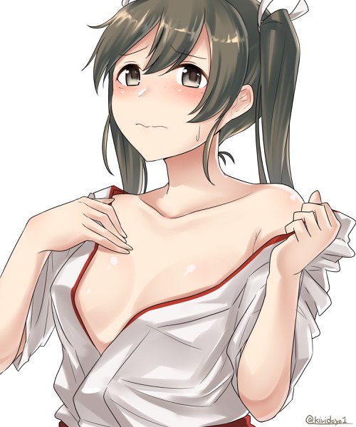 Anime picture 2000x2400 with kantai collection zuikaku aircraft carrier kiritto single long hair tall image looking at viewer blush fringe highres breasts light erotic black hair simple background hair between eyes white background twintails bare shoulders signed payot