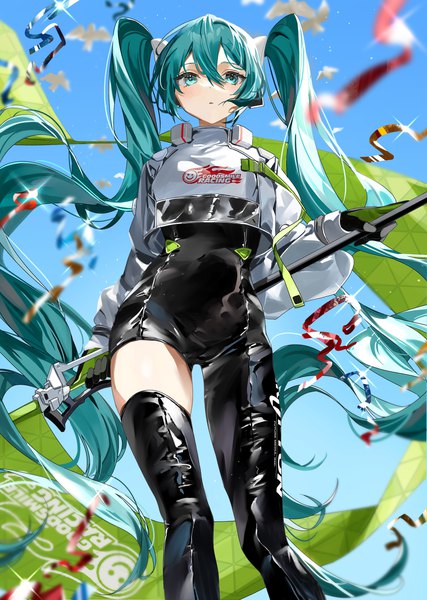 Anime picture 1978x2782 with vocaloid goodsmile racing hatsune miku racing miku racing miku (2022) mikanoisi single tall image fringe highres hair between eyes twintails very long hair aqua eyes aqua hair sparkle from below zettai ryouiki girl gloves