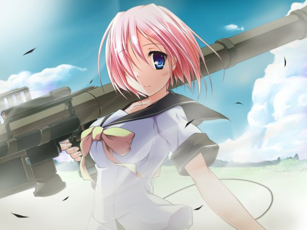 Anime picture 1600x1200 with sparkle!! t-ray fringe highres short hair blue eyes smile pink hair sky cloud (clouds) hair over one eye uniform ribbon (ribbons) serafuku gun fim-92 stinger
