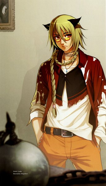 Anime picture 742x1295 with lamento nitro+chiral leaks sin long hair tall image red eyes standing animal ears braid (braids) very long hair cat ears single braid hands in pockets boy glasses pendant cape sunglasses
