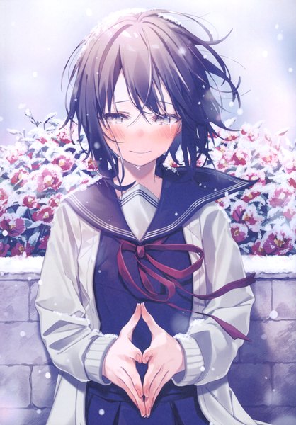 Anime picture 2796x4015 with original oshio (dayo) single tall image blush highres short hair black hair outdoors wind black eyes scan tears looking down snowing winter snow fingers together girl uniform
