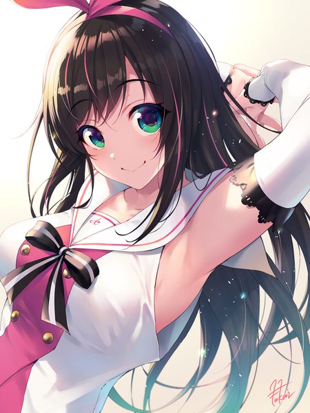 Anime picture 1140x1520 with virtual youtuber a.i. channel kizuna ai fukai ryosuke single long hair tall image looking at viewer blush fringe simple background smile white background signed payot upper body multicolored hair aqua eyes arms up two-tone hair