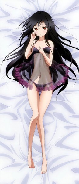 Anime picture 1555x3586 with accel world sunrise (studio) kuroyukihime single long hair tall image looking at viewer blush light erotic black hair lying barefoot from above scan official art on back orange eyes thigh gap hand on chest ass visible through thighs