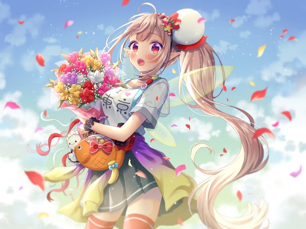 Anime picture 4000x3000 with virtual youtuber nijisanji elu (nijisanji) hina (hinalovesugita) single blush highres open mouth blonde hair red eyes looking away absurdres sky cloud (clouds) very long hair hair flower pointy ears side ponytail clothes around waist girl