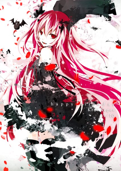 Anime picture 848x1200 with owari no seraph wit studio kururu tepes arukanu ruuya single tall image looking at viewer fringe smile red eyes pink hair very long hair parted lips looking back inscription teeth fang (fangs) zettai ryouiki character names