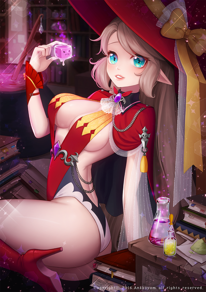 Anime picture 1000x1415 with ango single long hair tall image looking at viewer breasts blue eyes light erotic large breasts white hair pointy ears girl dress bow ribbon (ribbons) hat book (books) witch hat