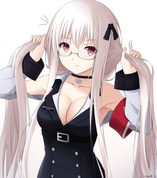 Anime picture 1592x1800 with girls frontline kar98k (girls frontline) keenh single long hair tall image looking at viewer blush fringe breasts light erotic simple background hair between eyes red eyes standing twintails bare shoulders signed payot cleavage