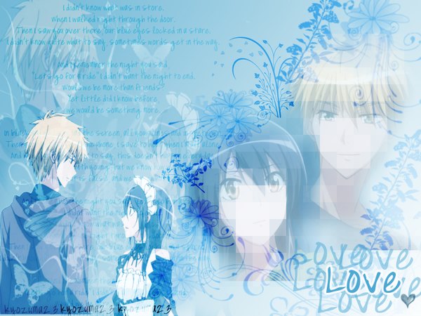 Anime picture 1600x1200 with kaichou wa maid-sama! ayuzawa misaki takumi usui short hair profile inscription maid wallpaper couple blue background girl boy headdress maid headdress