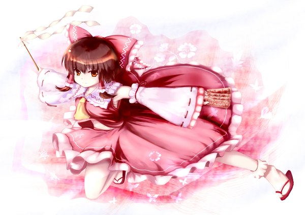 Anime picture 1500x1060 with touhou hakurei reimu abchipika single simple background brown hair orange eyes spread arms miko girl skirt bow hair bow detached sleeves skirt set