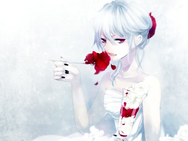 Anime picture 1000x750 with original yuukichi single long hair open mouth bare shoulders looking away nail polish pink eyes fingernails grey hair long fingernails pale skin black nail polish girl dress flower (flowers) food white dress sweets