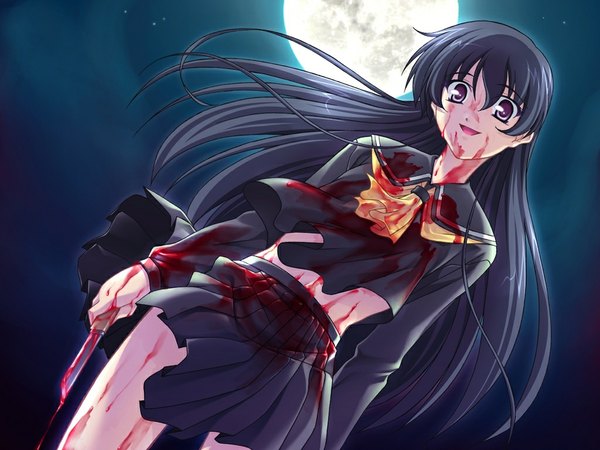 Anime picture 1024x768 with izumi mahiru long hair game cg dark background crazy yandere girl uniform school uniform serafuku moon blood knife fujino arisu kurenai (light)