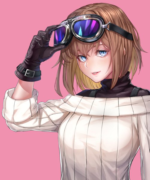 Anime picture 1669x2000 with original fusante single tall image looking at viewer blush fringe short hair blue eyes simple background hair between eyes brown hair upper body parted lips off shoulder pink background slit pupils goggles on head girl gloves