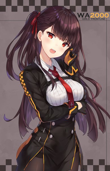 Anime picture 825x1275 with girls frontline wa2000 (girls frontline) hitsukuya single long hair tall image looking at viewer blush fringe breasts open mouth simple background red eyes brown hair standing blunt bangs braid (braids) head tilt grey background copyright name
