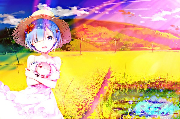 Anime picture 2000x1333 with re:zero kara hajimeru isekai seikatsu white fox rem (re:zero) ram (re:zero) lf darckroxnight single looking at viewer fringe highres short hair open mouth blue eyes smile red eyes bare shoulders blue hair pink hair sky cloud (clouds)