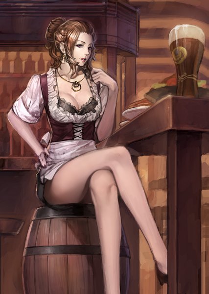 Anime picture 855x1200 with original kurumayama single long hair tall image looking at viewer light erotic brown hair sitting brown eyes cleavage traditional clothes crossed legs german clothes girl lingerie bra pendant black bra table
