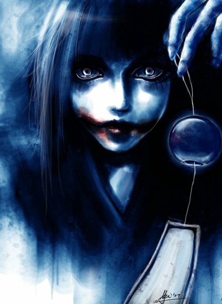 Anime picture 600x819 with original kuchisake-onna mai-rionette single long hair tall image looking at viewer fringe holding signed blue hair traditional clothes japanese clothes night grey eyes portrait pale skin makeup horror glasgow smile